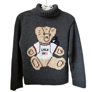 Vintage Lulu Dark Gray Knit Turtleneck with Bear Wearing USA Flag